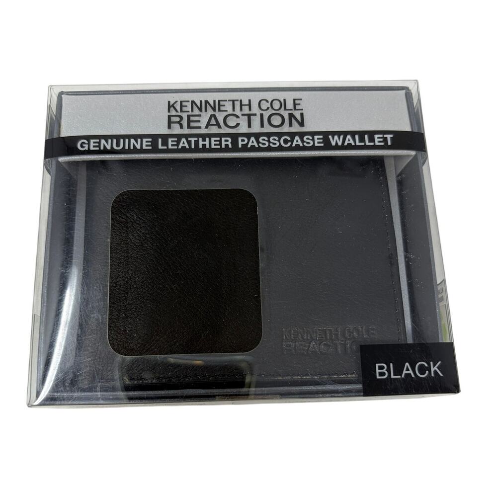 Kenneth Cole Reaction Black Genuine Leather Passcase Wallet ID Card Holder NEW